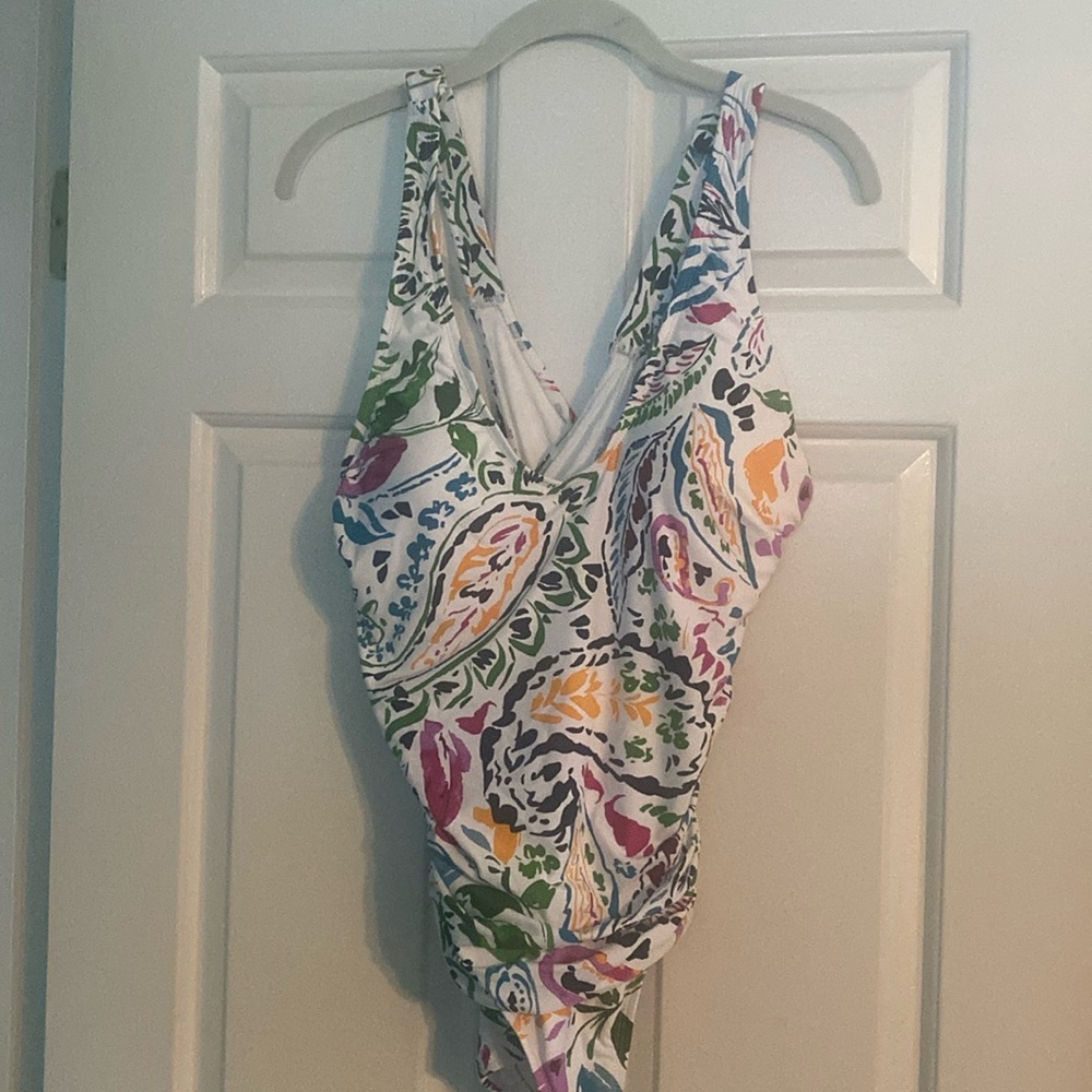 Anne Cole v-neck one piece swimsuit.. purple, white, green, gold and black multi